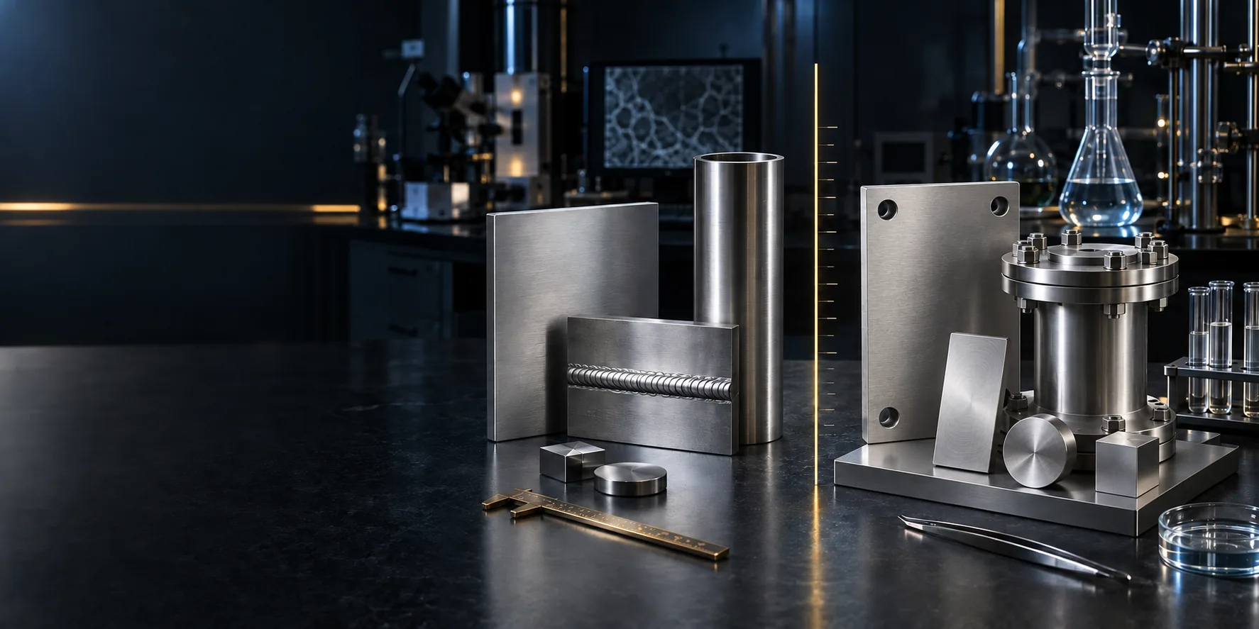 实验室中并列放置的 Inconel 625 与 Hastelloy C-276 洁净镍合金试样